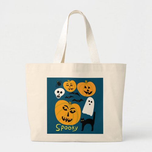 Spooky Pumpkins Charming Halloween Ghosts Bats Large Tote Bag