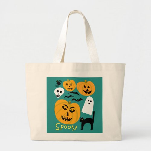 Spooky Pumpkins Charming Halloween Ghosts Bats Large Tote Bag