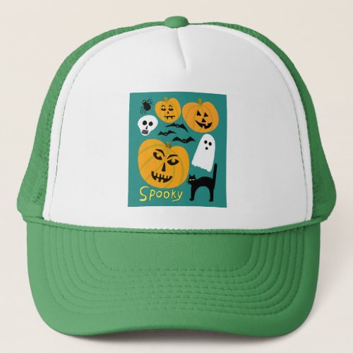 Spooky Pumpkins Charming Halloween Ghosts Bats Trucker Hat