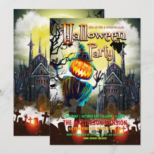 Spooky Pumpkins, Graveyard, Ghost Halloween Party Invitation (Front/Back)
