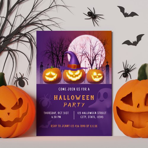 Spooky Pumpkins Orange and Purple Halloween Party Invitation