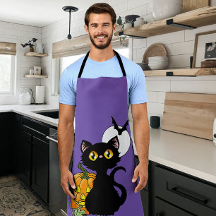 Spooky Purple Cute Black Cat Halloween Pumpkin Apron