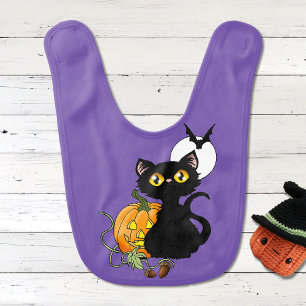 Spooky Purple Cute Black Cat Halloween Pumpkin Baby Bib