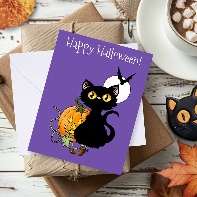 Spooky Purple Cute Black Cat Halloween Pumpkin Card (Creator Uploaded)