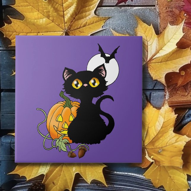 Spooky Purple Cute Black Cat Halloween Pumpkin Ceramic Tile (Creator Uploaded)