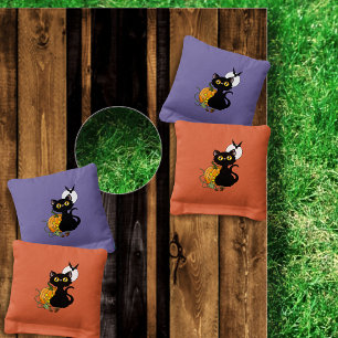 Spooky Purple Cute Black Cat Halloween Pumpkin Cornhole Bags