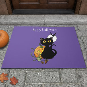 Spooky Purple Cute Black Cat Halloween Pumpkin Doormat