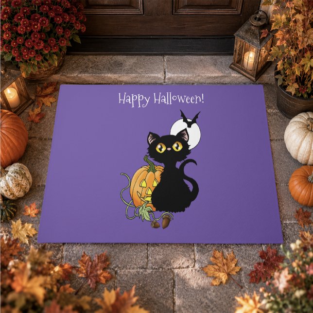 Spooky Purple Cute Black Cat Halloween Pumpkin Doormat (Creator Uploaded)