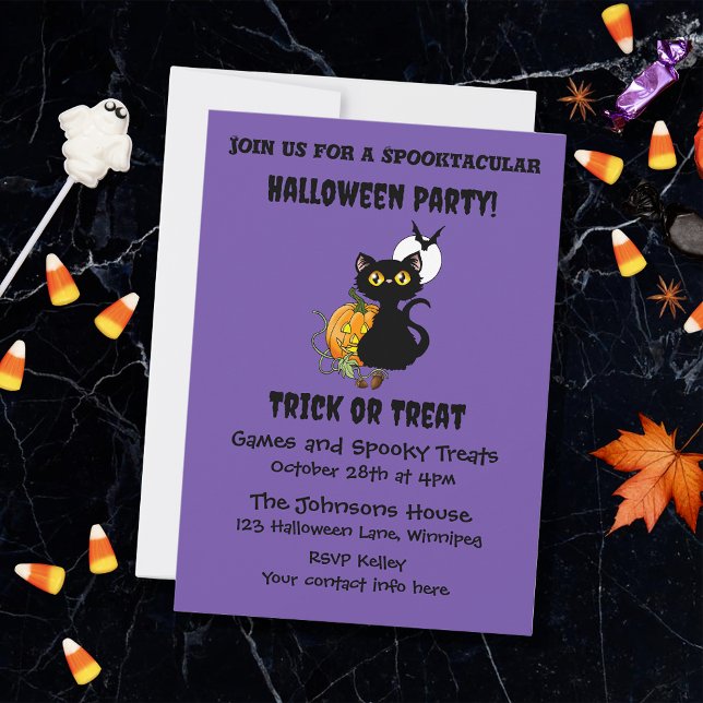 Spooky Purple Cute Black Cat Halloween Pumpkin Invitation (Creator Uploaded)