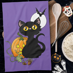 Spooky Purple Cute Black Cat Halloween Pumpkin Kitchen Towel