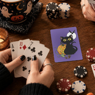 Spooky Purple Cute Black Cat Halloween Pumpkin Poker Cards