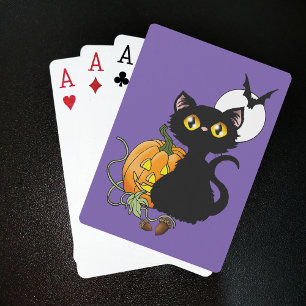 Spooky Purple Cute Black Cat Halloween Pumpkin Poker Cards