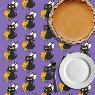 Spooky Purple Cute Black Cat Halloween Pumpkin Tablecloth