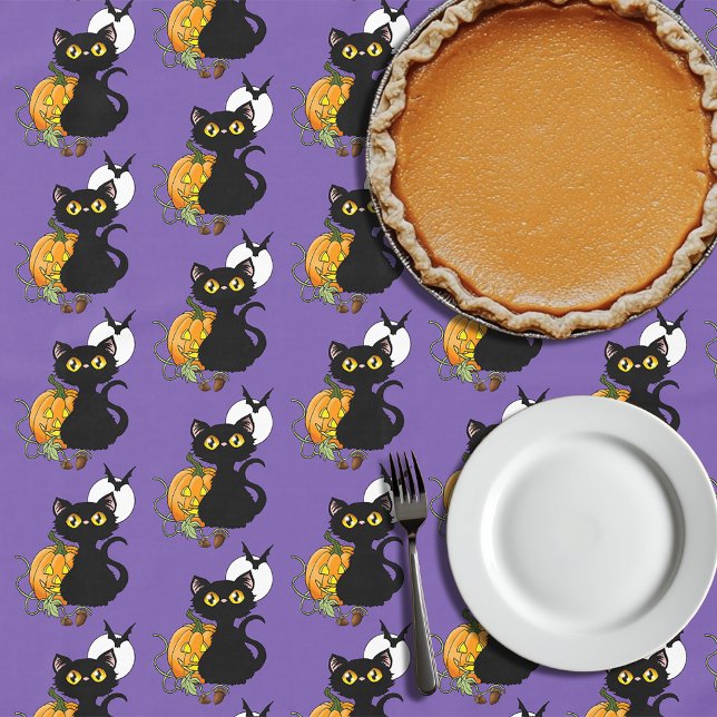 Spooky Purple Cute Black Cat Halloween Pumpkin Tablecloth (Creator Uploaded)
