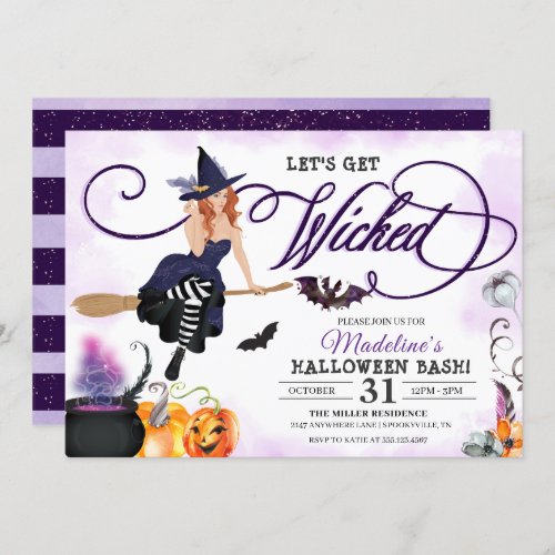 Spooky Purple Flying Witch Halloween Invitation