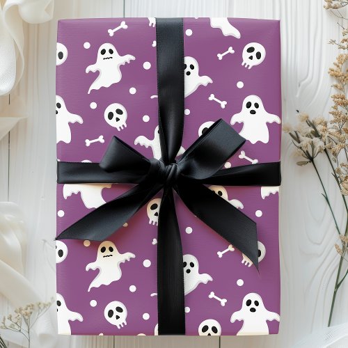 Spooky Purple Ghosts &Amp;Amp; Skulls Halloween Wrapping Paper