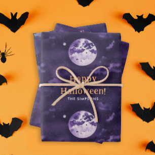 Spooky Purple Halloween Night Moon Watercolor Wrapping Paper Sheets