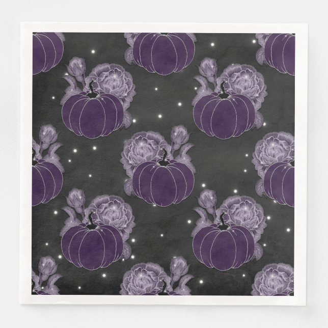 SPOOKY PURPLE HALLOWEEN PUMPKINS FLOWERS PAPER DINNER NAPKINS (Front)