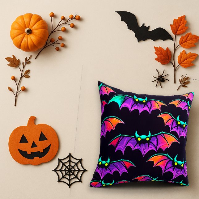 Spooky Purple Neon Flying Bat Pattern Throw Pillow (Creator Uploaded)