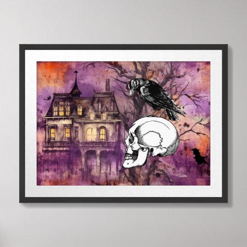 Spooky Purple Watercolor Raven Skull Framed Art