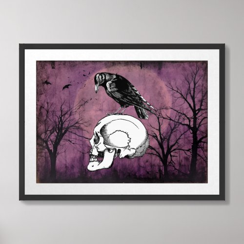 Spooky Purple Watercolor Raven Skull Framed Art