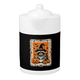 Spooky Raccoon Halloween Pumpkin Design_1 Teapot