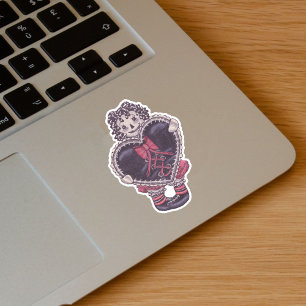 Spooky Rag Doll Yarn Hair Big Black Heart Red Bow Sticker