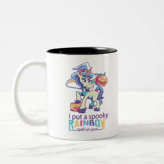 Spooky Rainbow Spell Halloween Unicorn Witch Two-Tone Coffee Mug (Left)