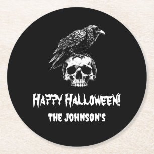 Spooky Raven Skull Halloween Paper Coaster