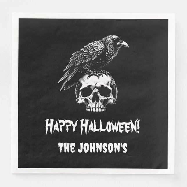 Spooky Raven Skull Halloween Paper Napkin (Front)