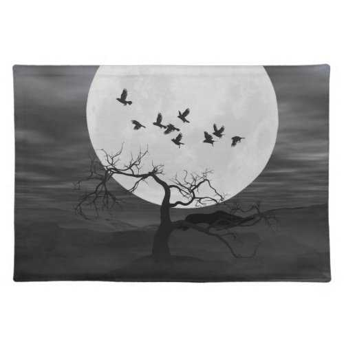 Spooky Ravens Flying Against the Full Moon Cloth Placemat