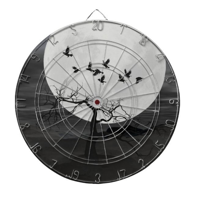 Spooky Ravens Flying Against the Full Moon Dartboard With Darts (Front)