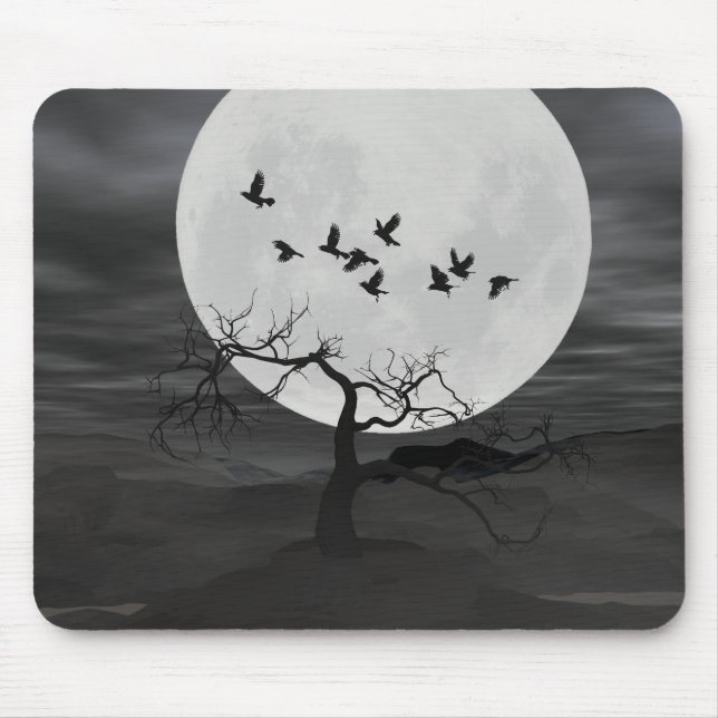 Spooky Ravens Flying Against the Full Moon Mouse Pad (Front)