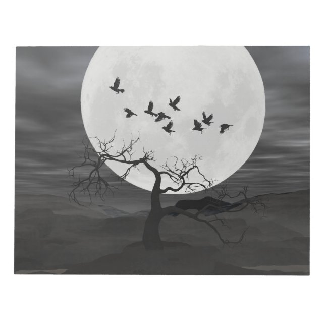 Spooky Ravens Flying Against the Full Moon Notepad (Front)