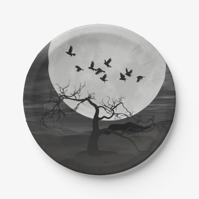 Spooky Ravens Flying Against the Full Moon Paper Plates (Front)