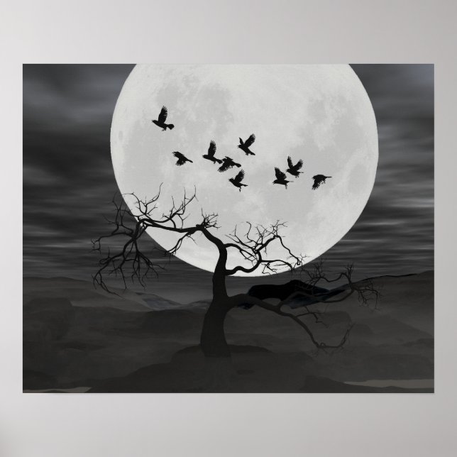 Spooky Ravens Flying Against the Full Moon Poster (Front)