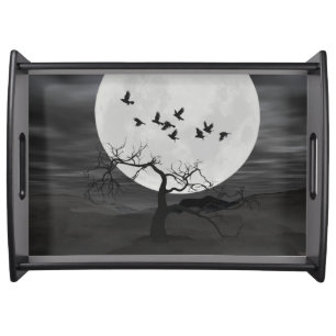 Spooky Ravens Flying Against the Full Moon Serving Tray