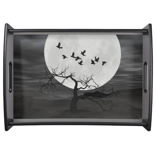 Spooky Ravens Flying Against the Full Moon Serving Tray (Front)