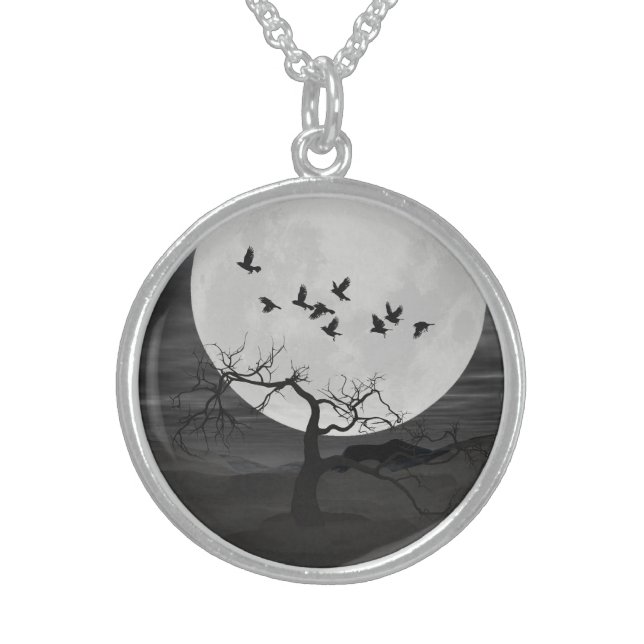 Spooky Ravens Flying Against the Full Moon Sterling Silver Necklace (Front)
