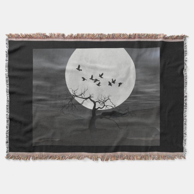 Spooky Ravens Flying Against the Full Moon Throw Blanket (Front)