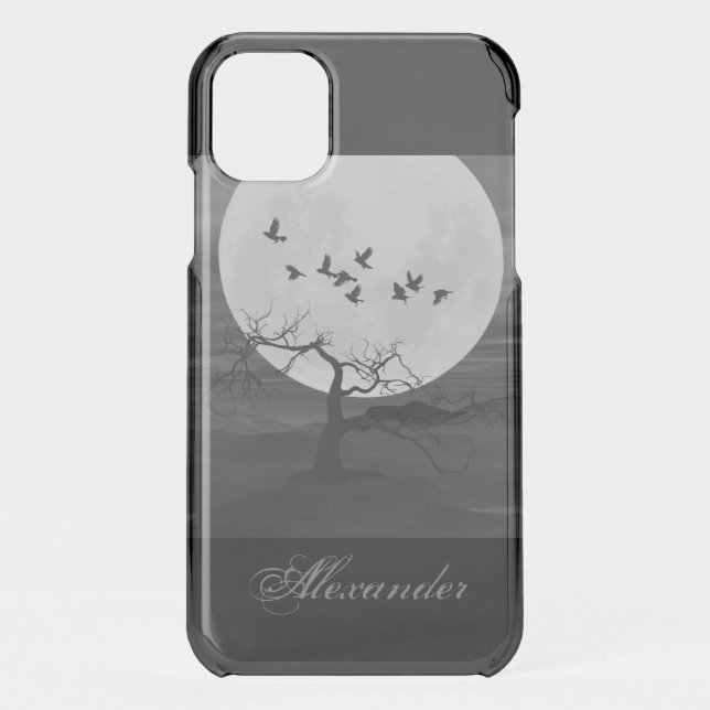Spooky Ravens Flying Against the Full Moon Uncommon iPhone Case (Back)