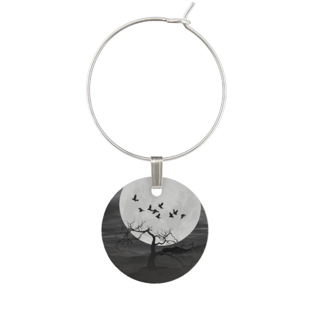 Spooky Ravens Flying Against the Full Moon Wine Charm (Front)
