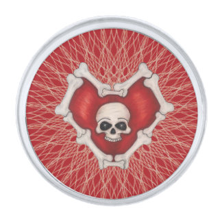 Spooky Red Bone Heart With Skull Spiral Lines Silver Finish Lapel Pin