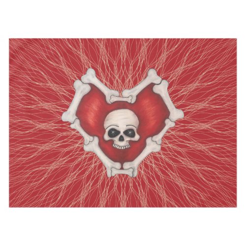 Spooky Red Heart of Bones Skull on Spiral Lines Tablecloth