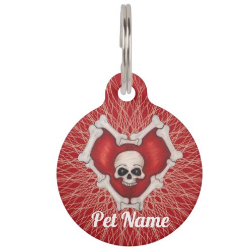 Spooky Red Heart of Bones Skull Spiral Pattern Pet ID Tag