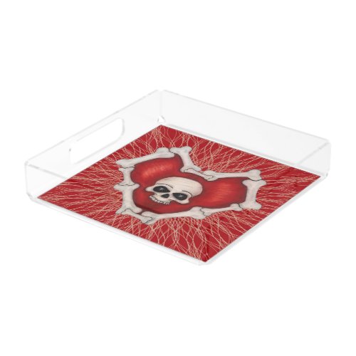 Spooky Red Heart of Bones Spiral Lines Skull Acrylic Tray