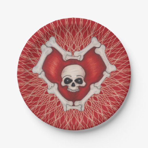 Spooky Red Heart of Bones With Skull on Spirals Paper Plates