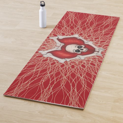 Spooky Red Heart of Bones With Skull White Spirals Yoga Mat