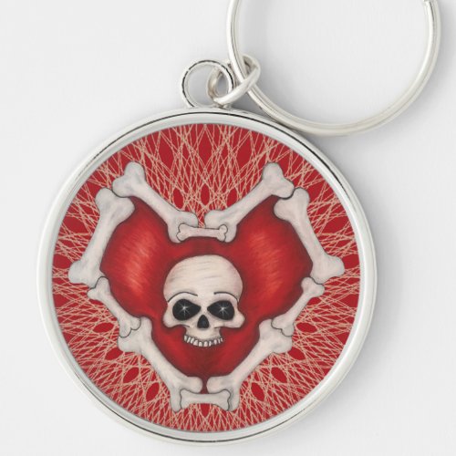 Spooky Red Heart Outlined in White Bones Skull  Keychain