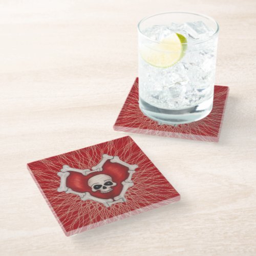 Spooky Red Heart With Bones Skull Spirals on Red Glass Coaster